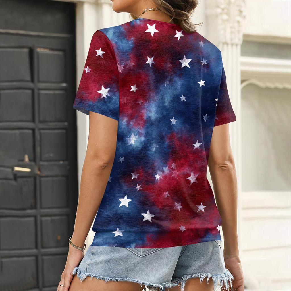 Women's Casual V Neck Short Sleeve Top Independence Day Print Lightweight Comfortable Summer Shirt for Everyday Wear