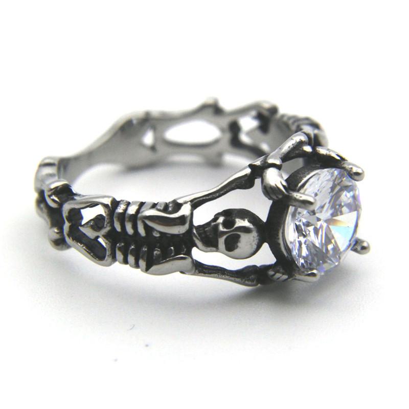 

Hollow Out Zircon Stone Ring Stainless Steel Jewelry Biker Style Clear Stone Skeleton Ring 7