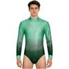 Mens Figure Skating Bodysuit Gradient Color Rhinestones Mock Neck Long Back Zipper One Piece Leotard