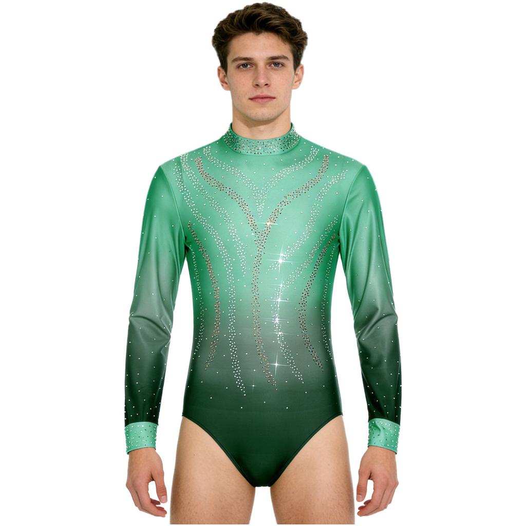 Mens Figure Skating Bodysuit Gradient Color Rhinestones Mock Neck Long Back Zipper One Piece Leotard