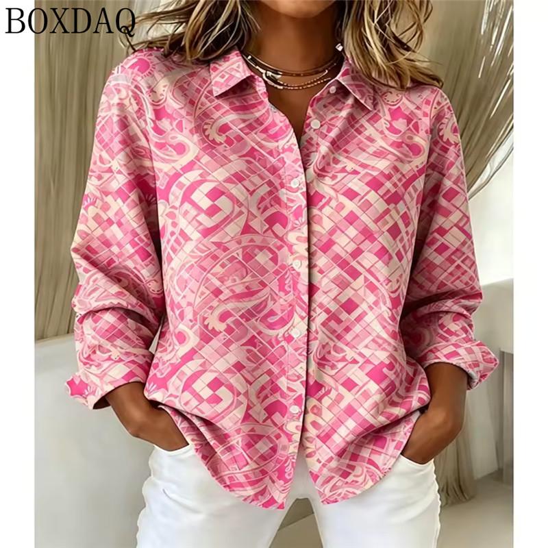 Autumn women's blouse with floral pattern printed long sleeved button down lapel shirts, loose and casual daily women's clothing