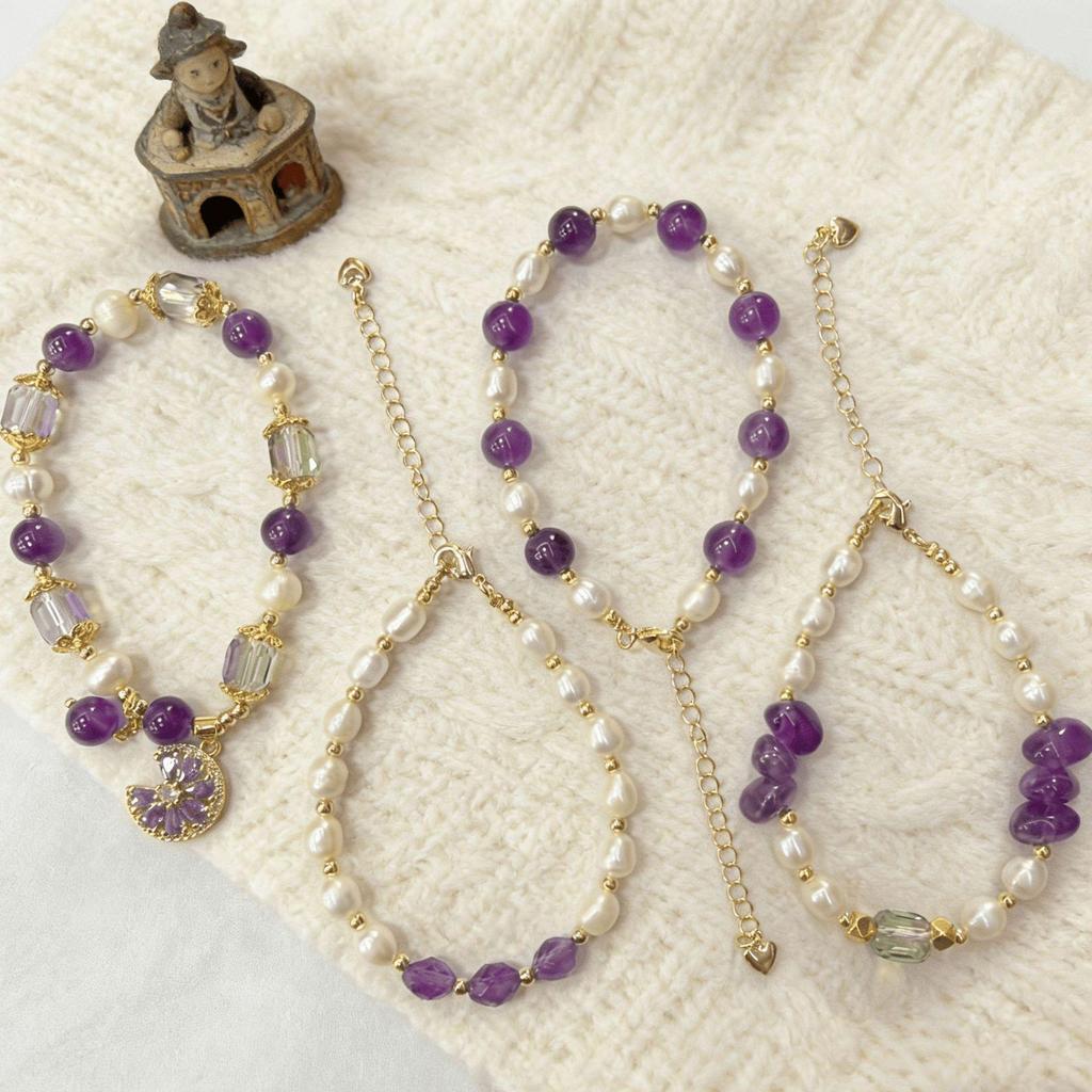 Women's Amethyst & Freshwater Pearl Adjustable Bracelet – Light Luxury Crystal Design
