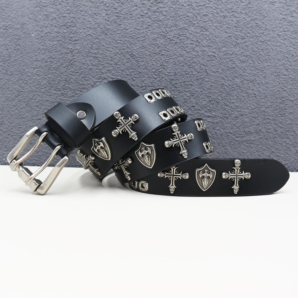 New Genuine Leather Cross Skull Shield Rivet Cowhide Belt Hollow Corn Rivet Belt