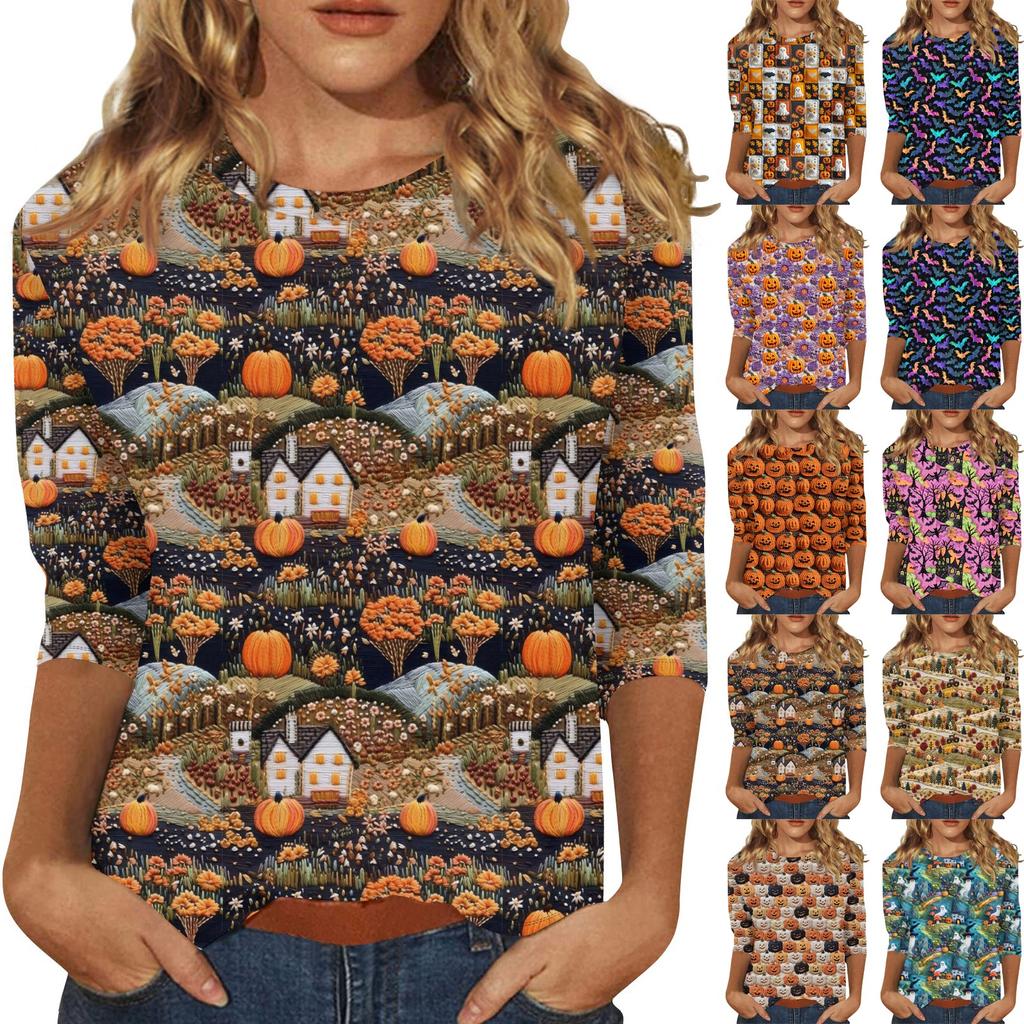 Damenmode Lässig Dreiviertelärmel Halloween-Print Rundhals-Top