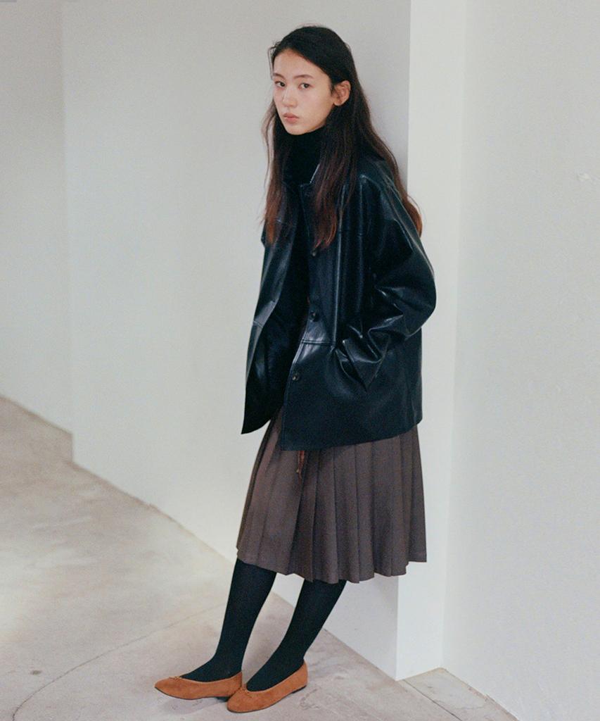 Button Check Coloring Pleats Midi Skirt (Brown)