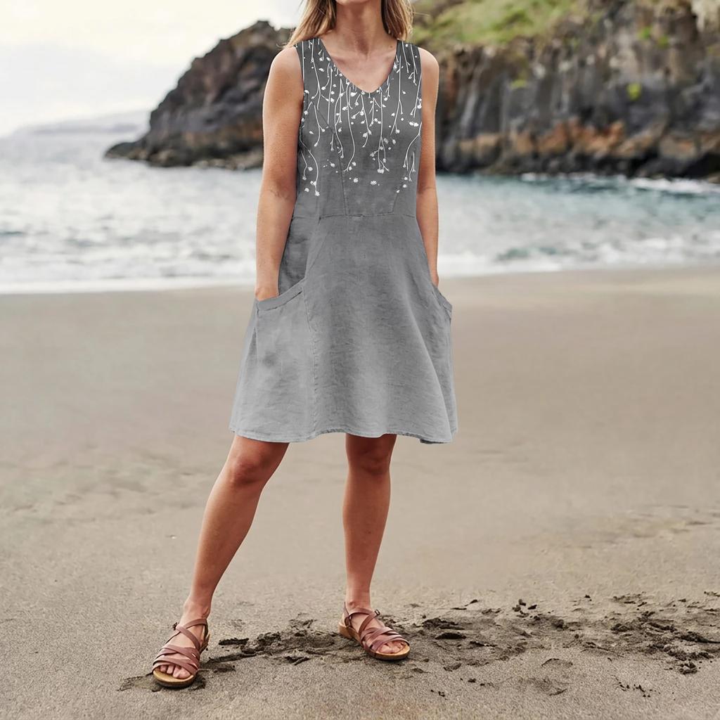 Summer Dresses For Women Loose Beach Vacation Casual Sleeveless V-neck  Sundresses With Pockets Tank Dress
