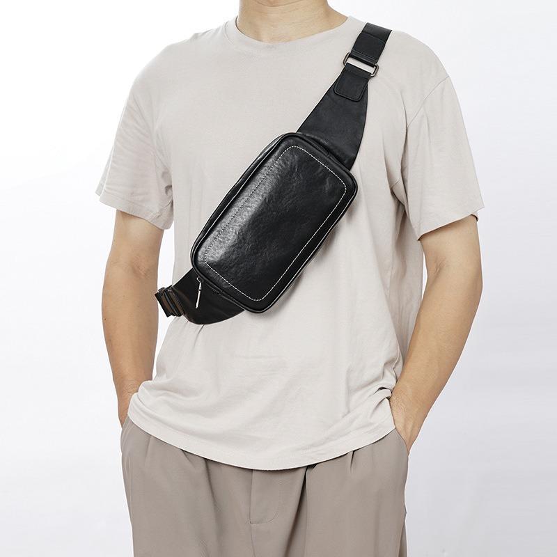 Simple Waist Pack Men's Head Layer Cowhide Car Stitching Color Contrast Fashion Chest Bag Convenient Leisure Mobile Phone Bag