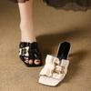 Korean version of thick heel medium heel one-word slippers women's summer wear 2025 summer new versatile Internet celebrity cool slippers women