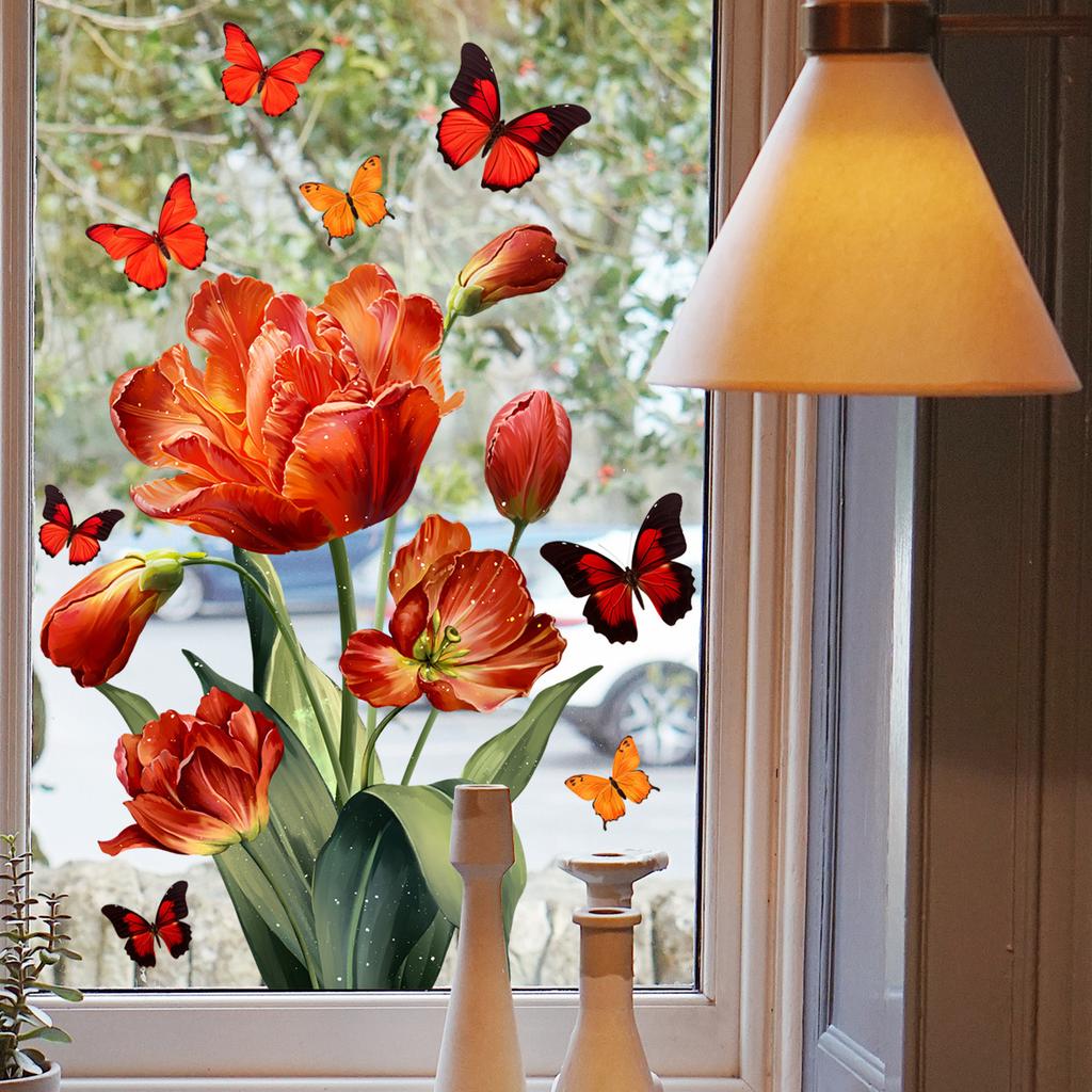 Flowers, Tulips, Butterfly Window Stickers, Electrostatic Stickers, Home Decoration Stickers