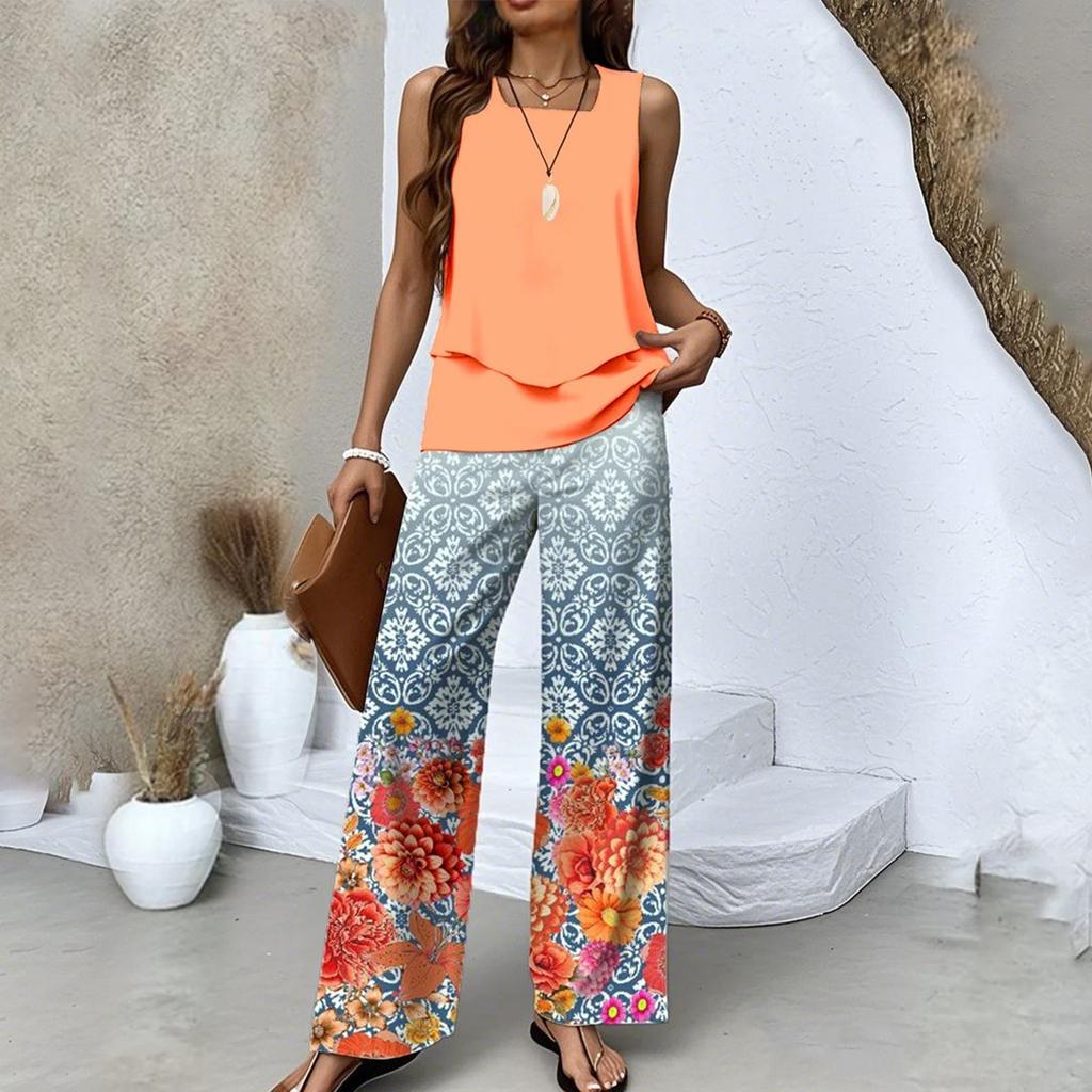 Zweiteiliges Sommer-Set für Damen, lockeres, ärmelloses, doppellagiges Westentop, lässige Hosen, Urlaubsset