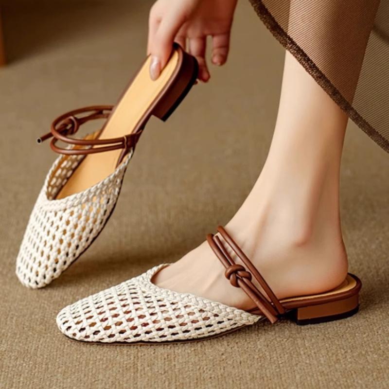 Fashion 2025 New Weave Women Mid Heels Slippers Summer Fashion Trend Chunky Pumps Pump Mesh Breathable Flip Flops Slides Women Slippers