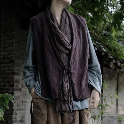 Chalecos Vintage de lino para mujer, abrigos de color morado oscuro con cuello en V, ropa de estilo chino, chalecos y abrigos de otoño para mujer