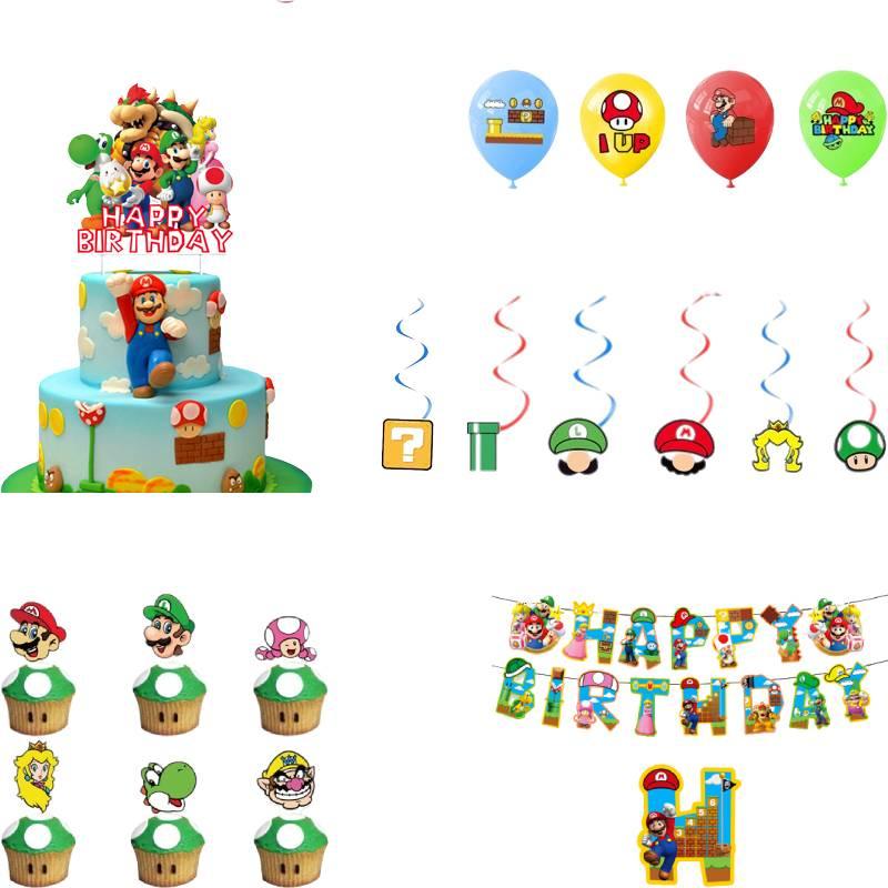 Mario Theme Party Decorations Set Flags, Cake Toppers, Balloons, And Spirals For An Amazing Party Atmosphere!