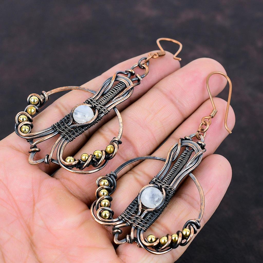 Rainbow Moonstone Earring Copper Wire Wrapped Earrings Antique Copper Jewelry Handmade Gemstone Earrings Wire Wrapped Jewelry Gift For Women