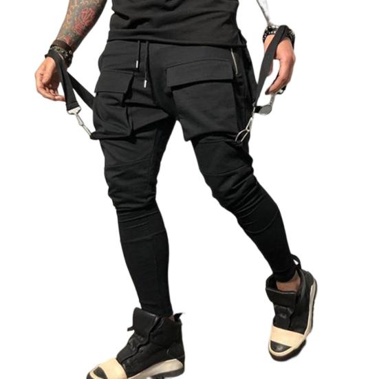 Elastic Waistline Strap Tassel Multi Pockets Cargo Pants Male Solid Color Mid-rise L чёрный