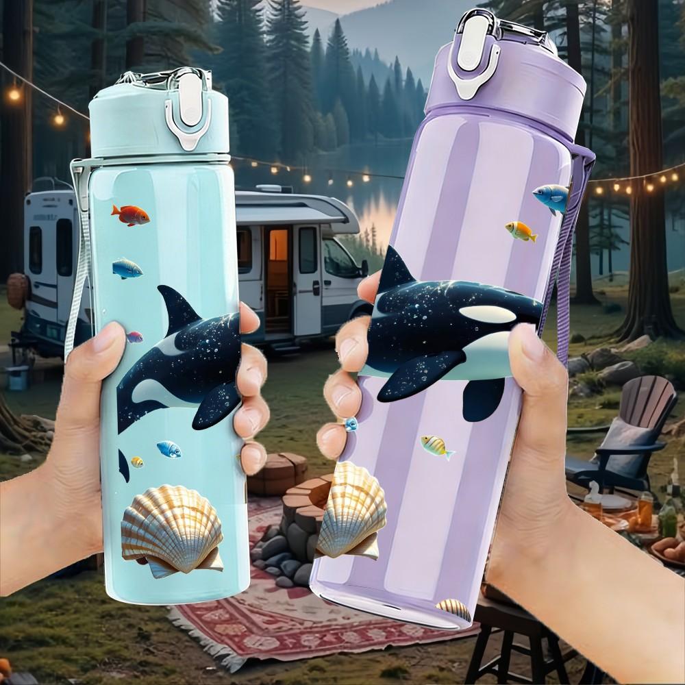 1PC Orca Killer Whale Ocean Animal Print 750ml Color Plastic Sports Water Bottle Leakproof Flip Straw Lid Suitable for Sports Office Home Use