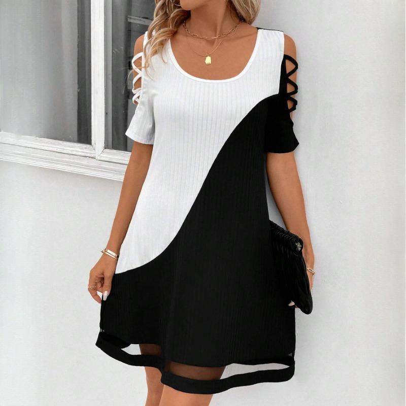 GMXIA Women's Spring, Summer and Autumn Temperament Colour Splicing Hollow Mesh Clashing Colour Splicing Dress Midi Dresses