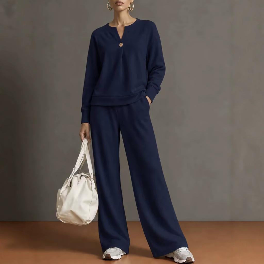 Women's 2 Piece Outfit Notch V Neck Henley Top and Wide Leg Pants Set Casual Solid Color Loungewear