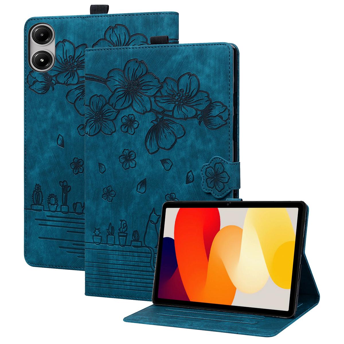 

For Xiaomi Redmi Pad SE Case Flip Stand Leather Phone Cover Cherry Blossom Cat Imprinted Blue