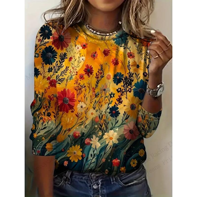 Lebhaftes Blumenmuster Langarm Rundhals T-Shirt - Weich, Atmungsaktiv, Lässiges Oberteil für Frühling & Herbst - Damenbequeme Kleidung für den Alltag