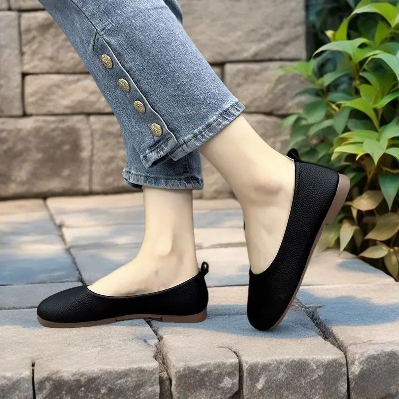 Fashion Leather Casual Women's Flat Shoes Round Toe With Heel Formal Chic and Elegant Slip On Point Popular 2025 Summer Ladies Footwear