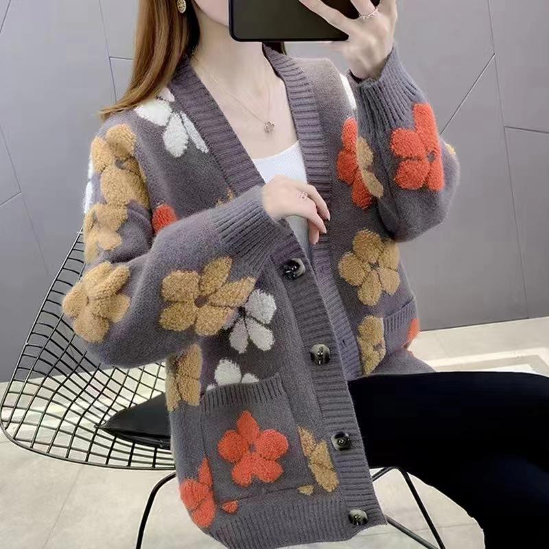 

Осенний новый женский свитер жаккардовый снаружи с вязаным кардиганом свободного кроя с воротником, женский топ, осенне-зимний тренд average size