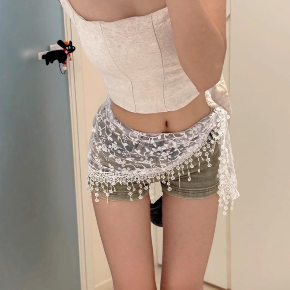 Hollowed-out Tassel Hip Curtain Lace Trim Triangular Headscarf New Apron Wrap Skirt  for Women