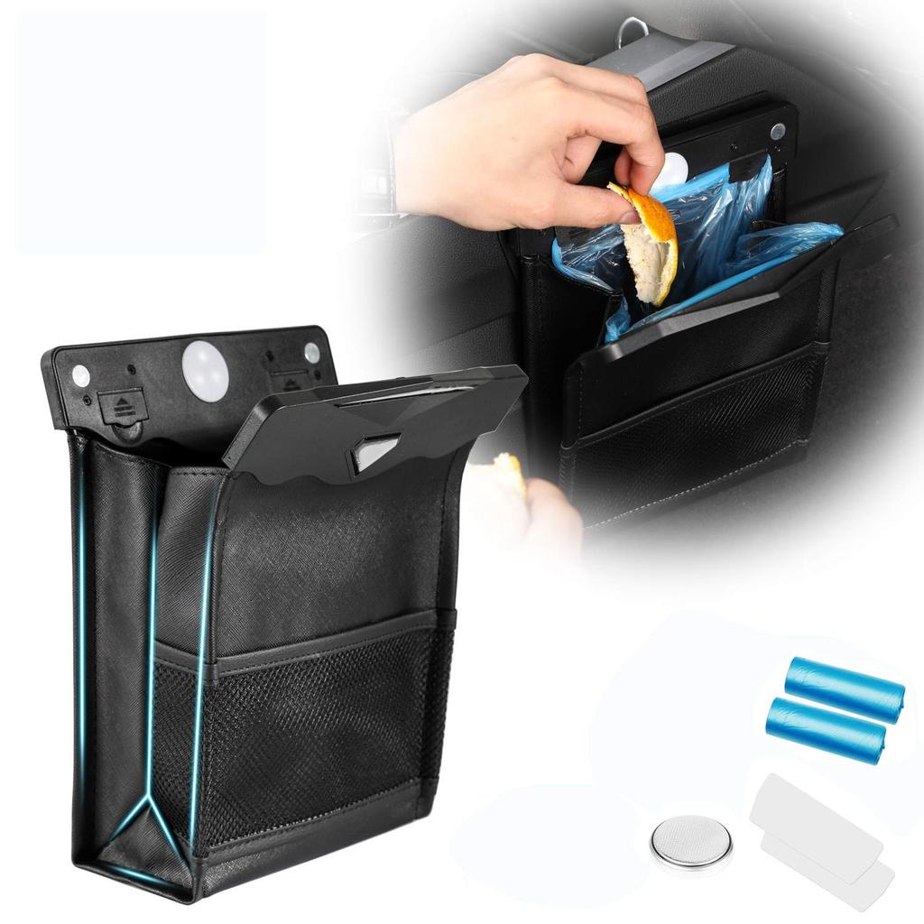 Car Trash Car Trash Bag Storage PU Foldable with LED Sensor Ideal for Front and Rear Car and Includes 2 Trash Bags Can, Case, Waterproof, Magnetic,