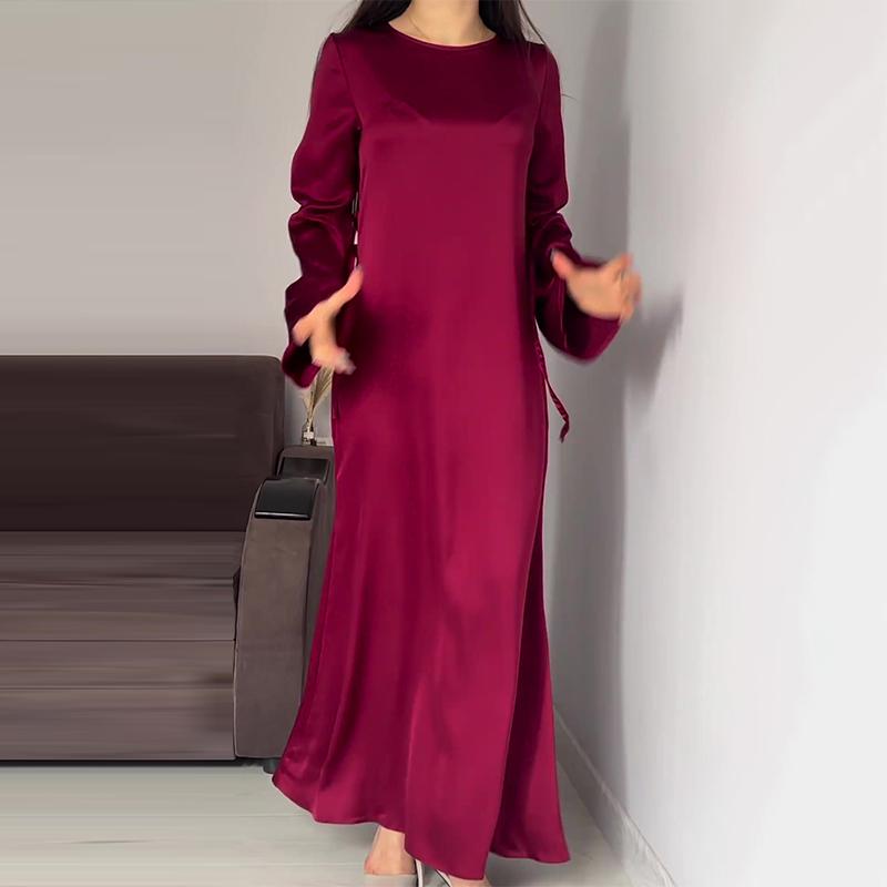 Long Sleeve Elegant Evening Satin Dress For Women High Waist Slim Lace Up Maxi Dresses Femme France Vintage Vacation Banquet Mermaid Bodycon Dresses