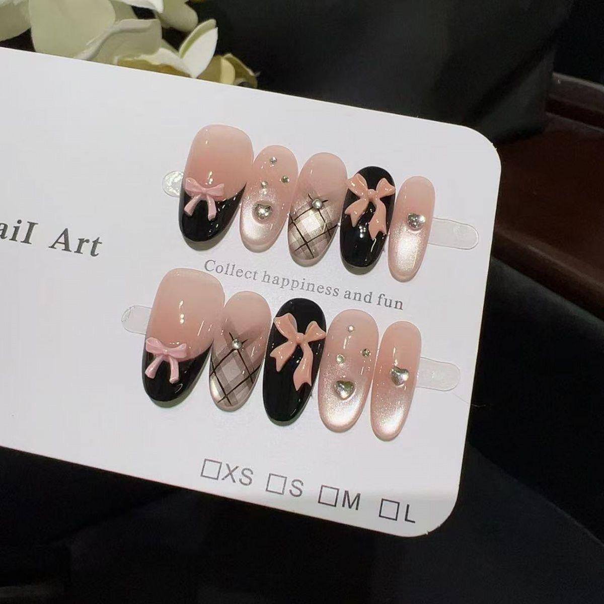 

Princess Plaid Nude Pink & Black French Plaid Cat Bow Nail Art Stickers Medium