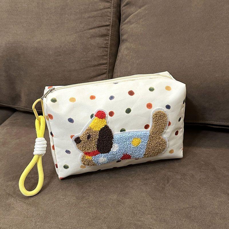 Cute Dog Embroidered Cosmetic Bag Women Canvas Makeup Bag Portable Zipper Toiletry Organizer Travel Storage Pouch