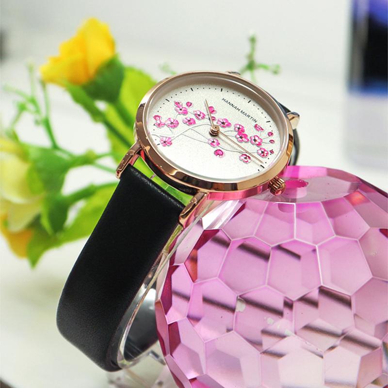 Hannah Martin Damen Luxus Neue 3D Kirschblüte Serie Stahl Gürtel Wasserdicht Quarz Damen Uhr Romantische Kirschblüte Uhr Frauen