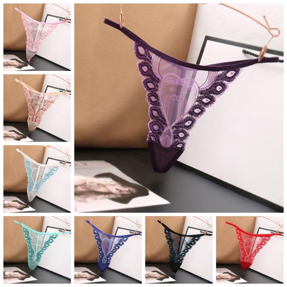 Cotton Crotch Lace Embroidered Panties Low Waist Transparent T-Pants Sexy Mesh Thongs  Gift