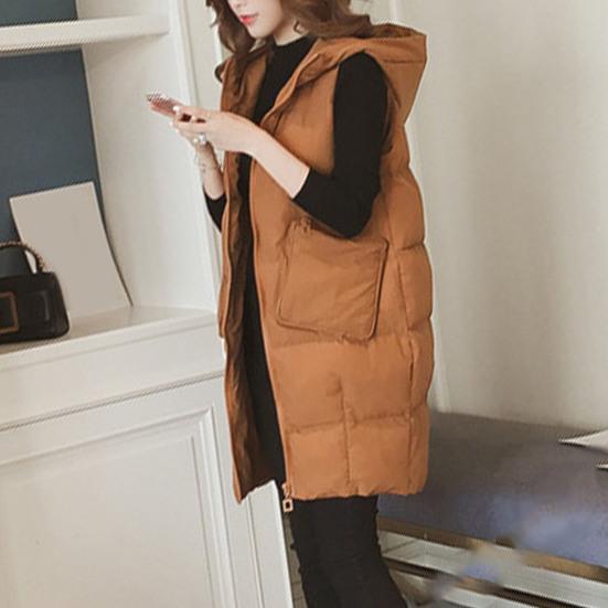 Femei, toamnă iarnă, culoare solidă, vestă lungă, cu glugă, buzunare fără mâneci, cu fermoar, vestă, haină, îmbrăcăminte din bumbac