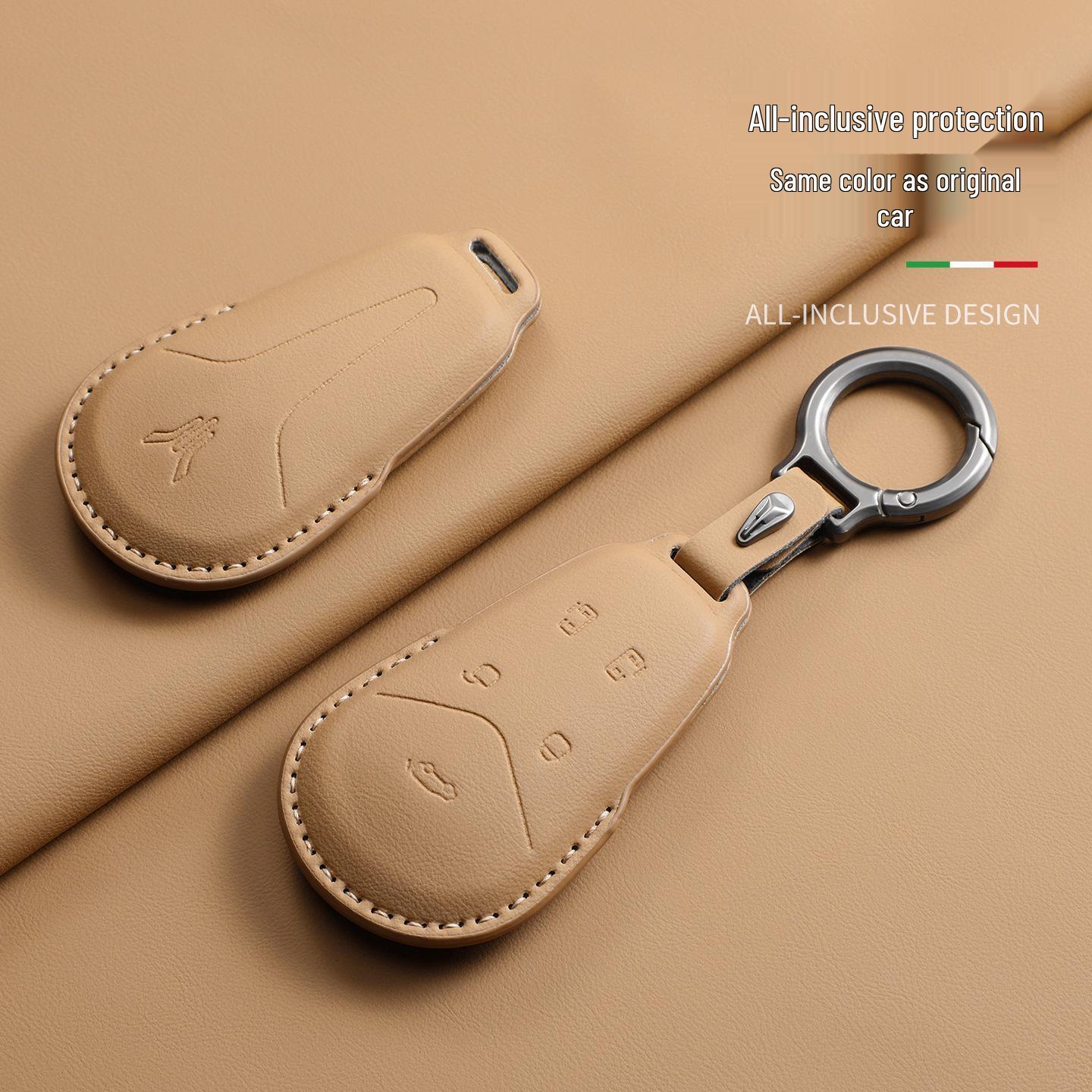 Lantu Free EV 2024 Sheepskin Leather Retro Key Case Cover B Natural Camel Brown Wrist Strap