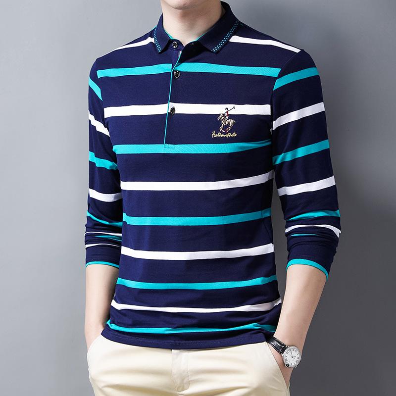 Cotton Striped Shirt Middle -Aged Men 'S Long -Sleeved T -Shirt Middle -Aged Men 'S T -Shirt