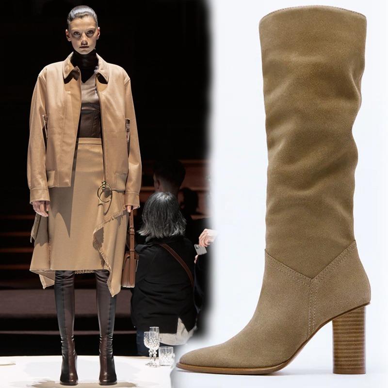 Fashion Retro Minimalist Square Head Slimming Cowhide Knee High Boots New Autumn Winter Women's Shopping Fashion Walk Show Long Boots 43