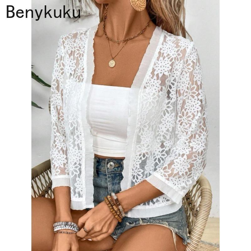 Women Fashion Bolero Coat 3/4 Sleeve Floral Lace Hollow Out Cardigan Summer Clothes Elegant Top Open Stitch White Shrug Jacket