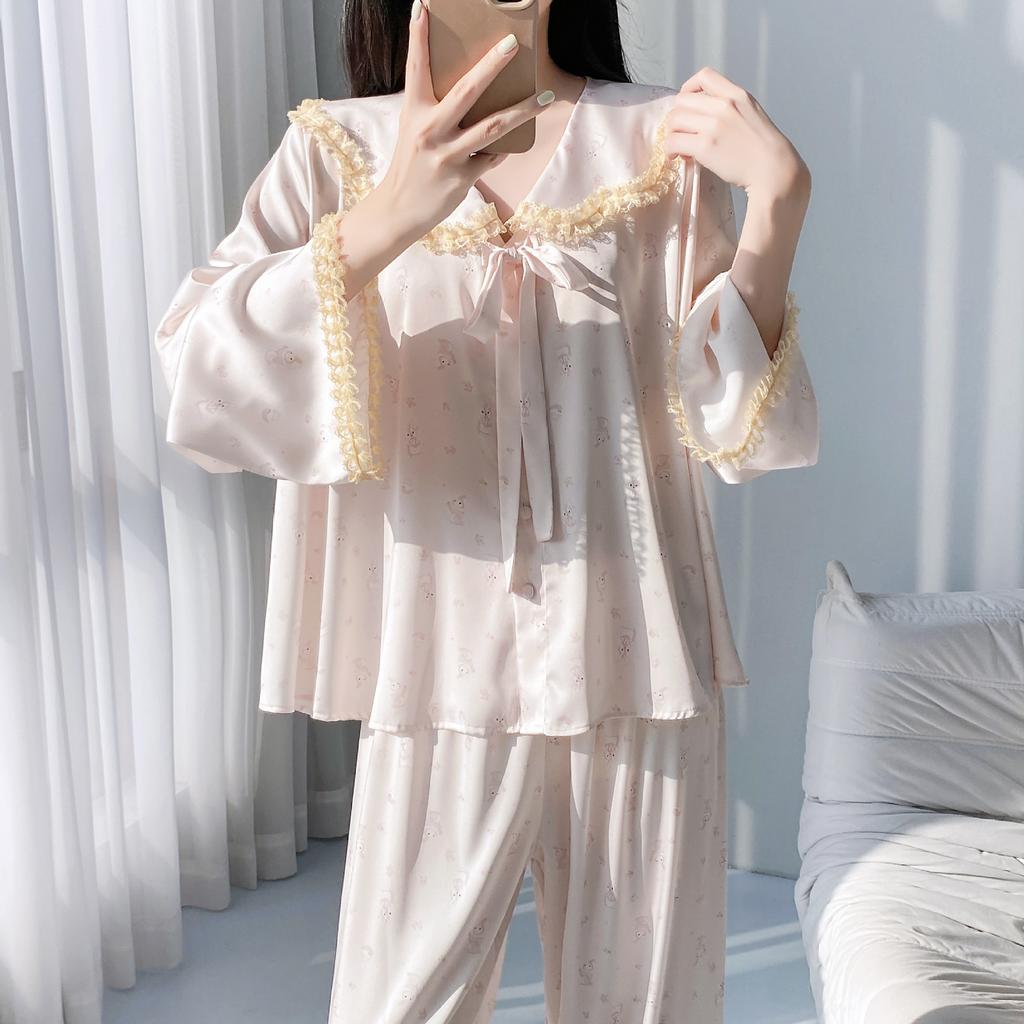 Ice silk pajamas women's summer long-sleeved trousers loungewear set lace lace V-neck loose and comfortable can be worn outside