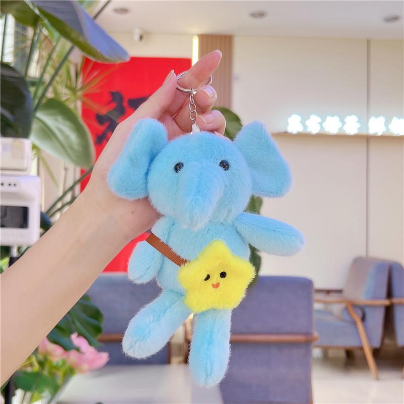 1Pcs Cute Star Elephant Keychain Small Animal Key Ring Bookbag Pendant Plush Toy Birthday Christmas Gift