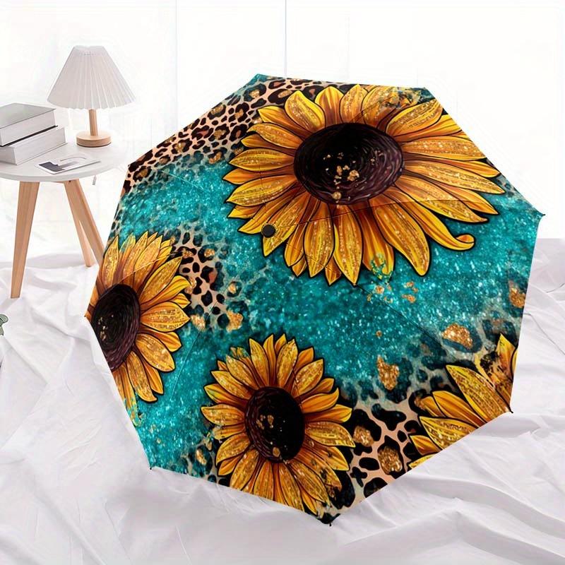 1pc Leopard Sunflower Pattern Automatic Folding Umbrella - Portable & Foldable 8-Rib Design, Vibrant Yellow & Black Sunflowers