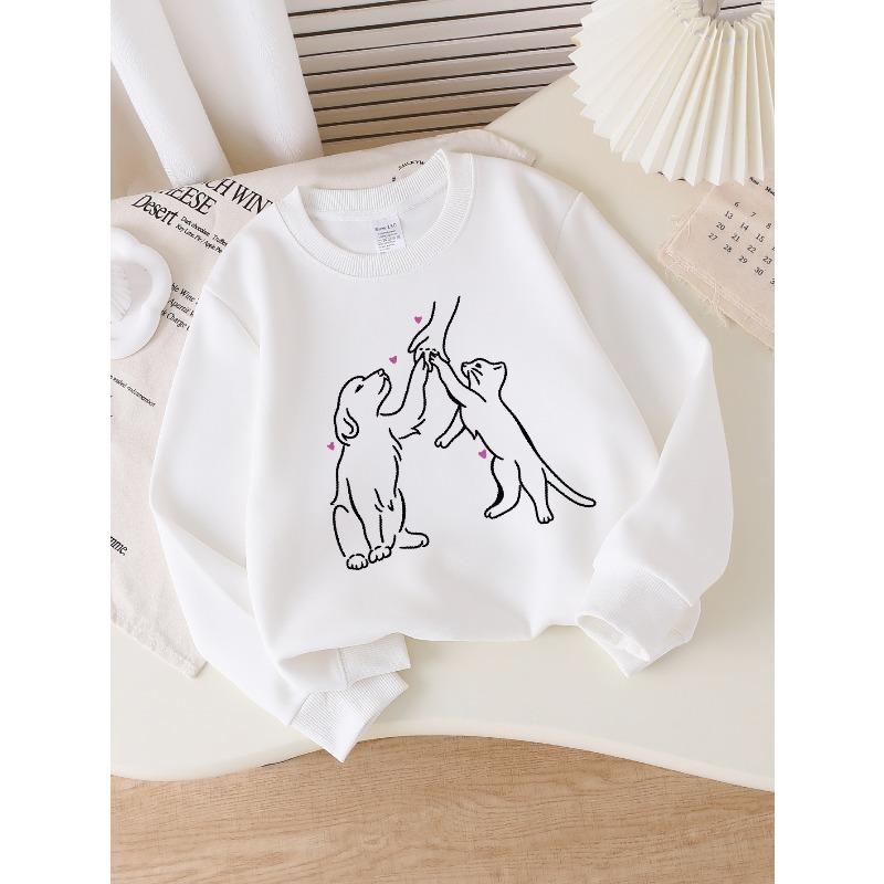 Girls Crew Neck SweatshirtCute Dog Cat Hand Hold Love Print, Soft Cozy Pullover, Warm Casual Outfit for Autumn & Winter