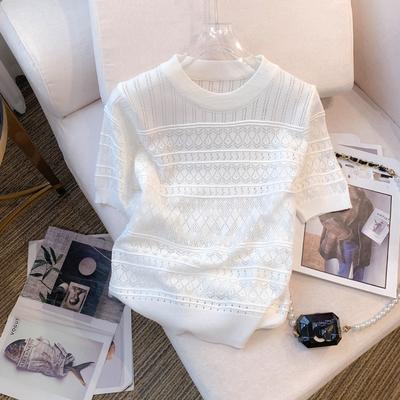 Suéter fino de verão com decote redondo e manga curta versátil, blusa de malha para primavera e roupas femininas