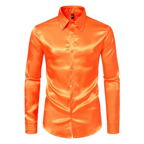 Men Shirt Lapel Long Sleeve Single Breasted Shirt Tops Pure Color Glossy Design Smooth Satin Shirt Versatile Daily Wear