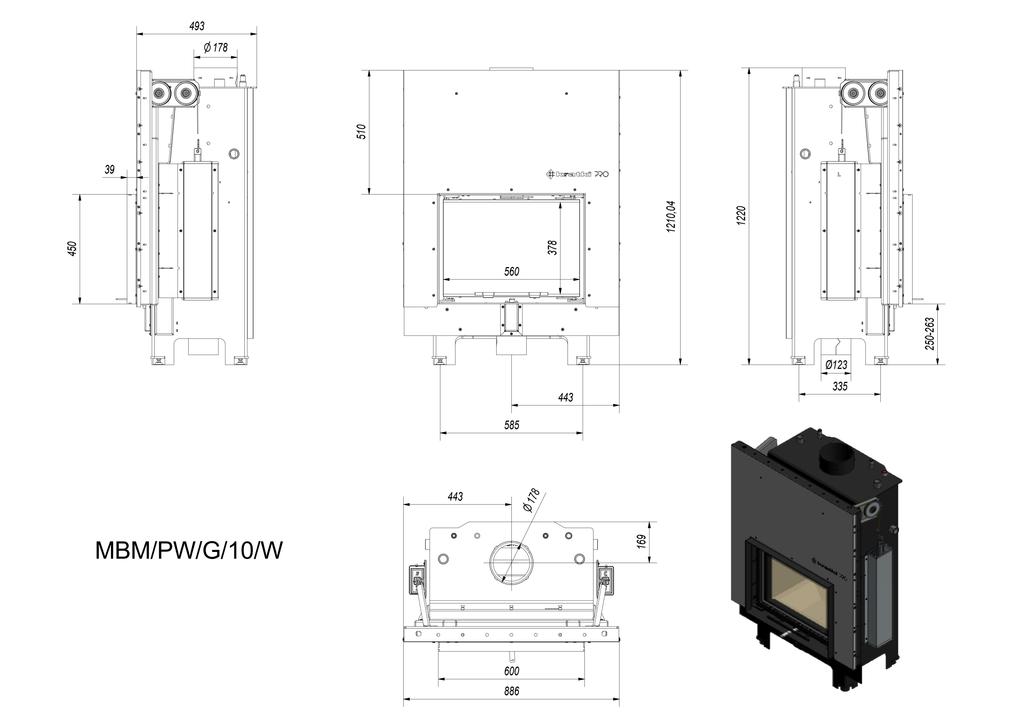Kominek wodny KRATKI MBM 12 kW Ø 180 podnoszony