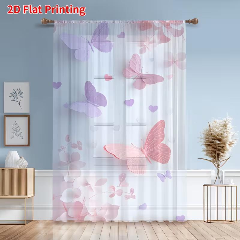 

2PCS Pink & Purple Butterfly & Heart Sheer Curtains - Dreamy Fairy Window Drapes for Girls Bedroom 39Wx51L(100x130CM)x2&Rod Pocket