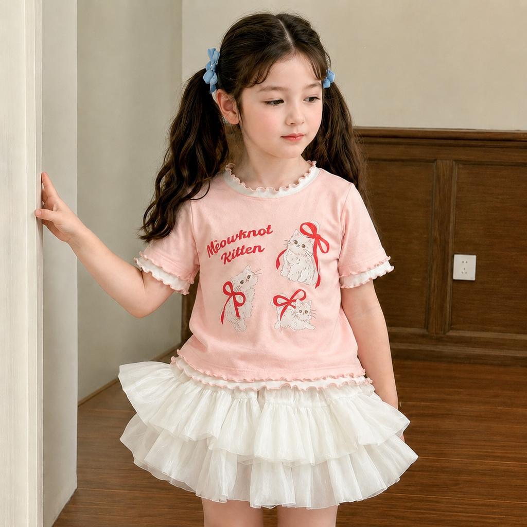 Girls Summer Cute Cartoon Print Short Sleeve Mock Two Piece T Shirt