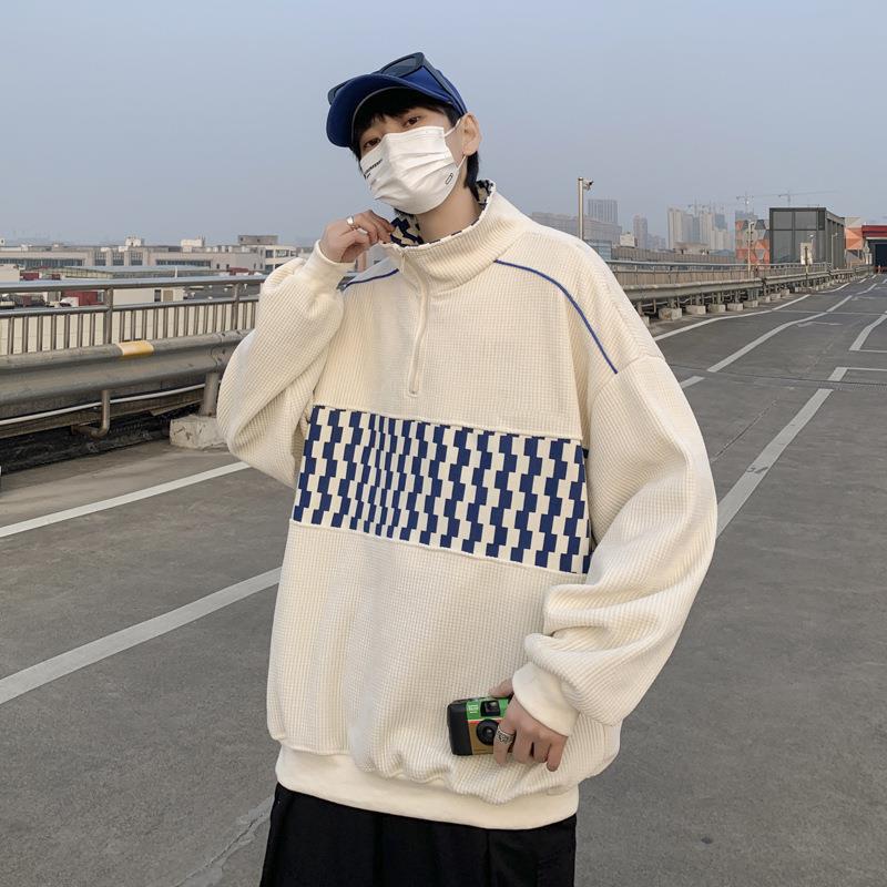 Retro Color Block Waffle Sweatshirt: Men's Half-Zip Polo Jacket for Spring and Autumn.