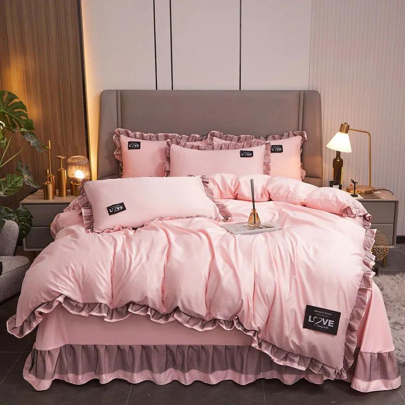 Koreanisches seidiges, nacktes Schlaf-Vierteiler-Set, einfarbig, Frühling/Sommer, Spitzen-Bettbezug, Bettrock-Set, hochwertige Heimtextilien, Doppelbett-Bettwäsche-Sets