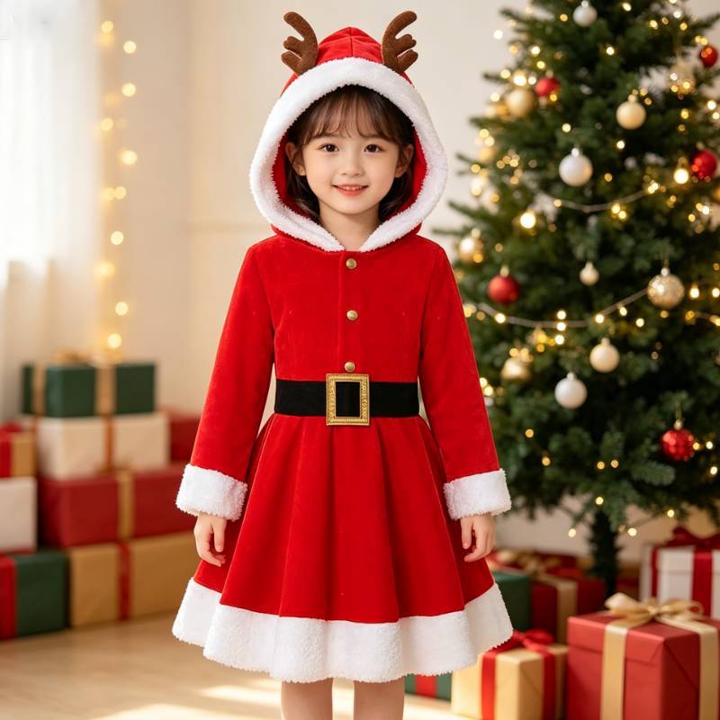 Christmas Girl Costume Dress With Padded Hoodie For Holiday Stage Performances And Dance Shows